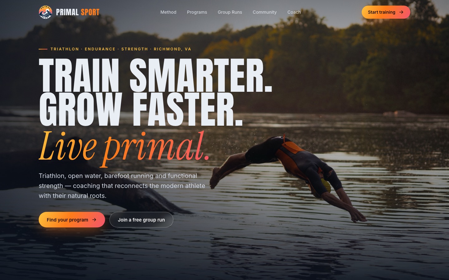 Primal Sport homepage: the headline 'Train smarter. Grow faster. Live primal.' over a photo of a triathlete diving into a river